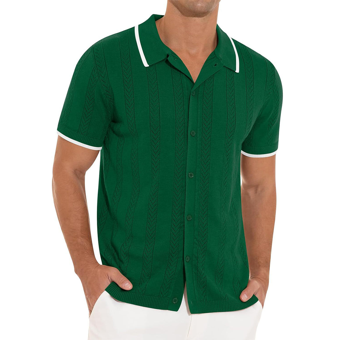 Lapel Short-Sleeved Shirt Summer Fashion Casual Stitching Color Hollow Breathable Cardigan Top Men'S Clothing