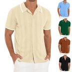 Lapel Short-Sleeved Shirt Summer Fashion Casual Stitching Color Hollow Breathable Cardigan Top Men'S Clothing