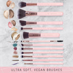 Beauty 15 Piece Award Winning Pink Makeup Brush Set: Cute Vegan Makeup Brushes for Women, Teen Girls & Tweens with Holder Case, Sponge, Cleaner & Guide, Gift Box