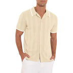 Lapel Short-Sleeved Shirt Summer Fashion Casual Stitching Color Hollow Breathable Cardigan Top Men'S Clothing