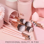 Beauty 15 Piece Award Winning Pink Makeup Brush Set: Cute Vegan Makeup Brushes for Women, Teen Girls & Tweens with Holder Case, Sponge, Cleaner & Guide, Gift Box