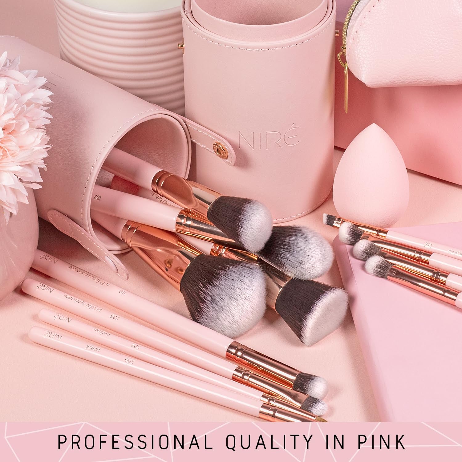 Beauty 15 Piece Award Winning Pink Makeup Brush Set: Cute Vegan Makeup Brushes for Women, Teen Girls & Tweens with Holder Case, Sponge, Cleaner & Guide, Gift Box